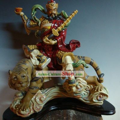 Cai Shen Ridding Tiger Shiwan Ceramics Figurine