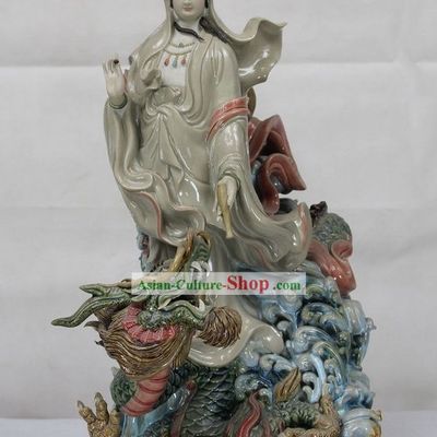 Guan Yin Ridding Dragon Shiwan Ceramics Figurine
