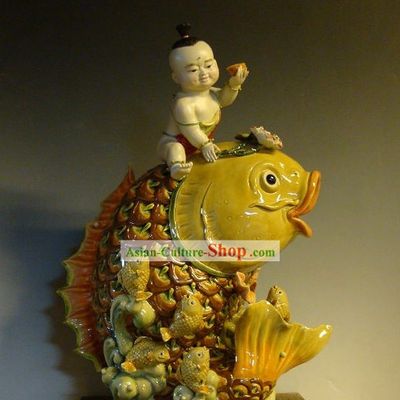 Feng Shui Carp and Boy Chinese Shiwan Ceramic Figurine