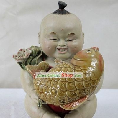 Feng Shui Fish and Chinese Baby Shiwan Ceramic Figurine