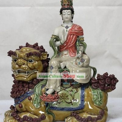 Lion and Buddha Chinese Shiwan Ceramic Figurine