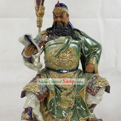 Guan Gong Reading Chun Qiu Shiwan Ceramic Figurine