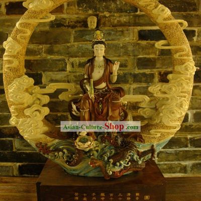 Guan Yin and Moon Shiwan Ceramic Figurine