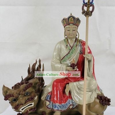 Ancient Chinese Monk and Lion Shiwan Ceramic Figurine