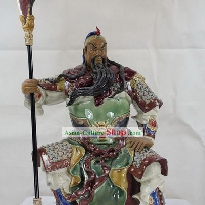 Guan Gong Sitting on Drum Shiwan Ceramic Figurine