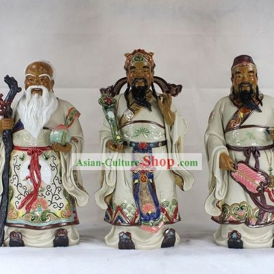 Chinese Three Stars Shiwan Ceramic Sculpture Figurine