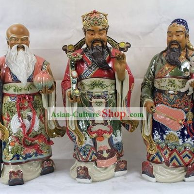 Large Three Stars Chinese Shiwan Ceramic Figurine
