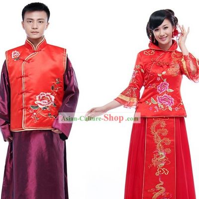 Traditional Chinese Mandarin Wedding Dress 2 Sets for Men and Women