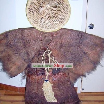 Traditional Chinese Coir Raincoat Costume Bamboo Hat and Straw Sandals Complete Set