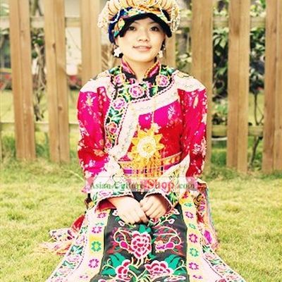 Traditional Chinese Qiang Minority Ethnic Clothing and Hat Set