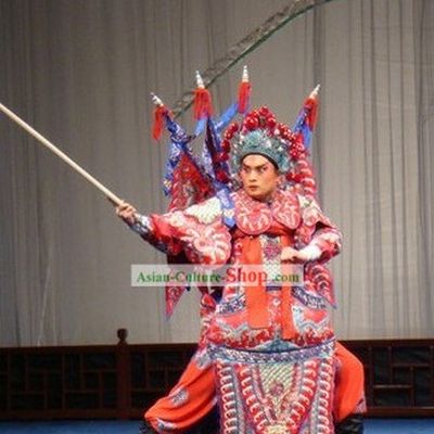 Peking Opera Wusheng Armor Costume with Flags and Helmet