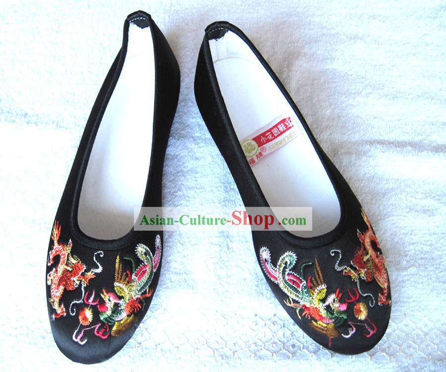 Traditional Chinese Black Wedding Phoenix Cloth Shoes for Women