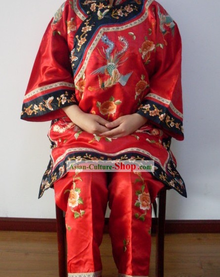 Traditional Chinese Red Embroidered Phoenix Wedding Suit for Brides