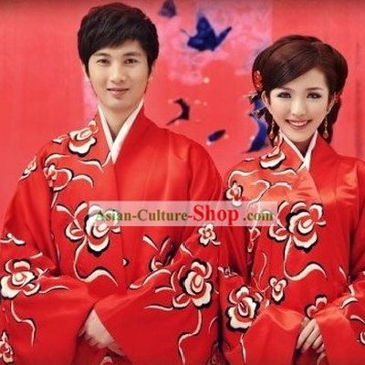 Traditional Chinese Mandarin Wedding Dress 2 Sets for Men and Women