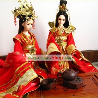Ancient Chinese Wedding Dresses and Hair Accessories Two Complete Sets for Brides and Bridegrooms