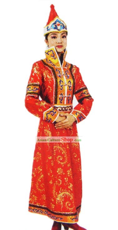 Traditional Mongolian Red Dance Costumes and Hat for Women