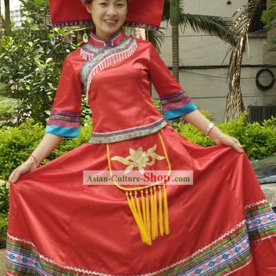 Traditional Chinese Zhuang Minority Clothing and Hat