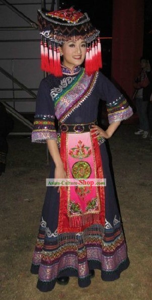 Traditional Chinese Zhuang Minority Clothing and Hat for Women