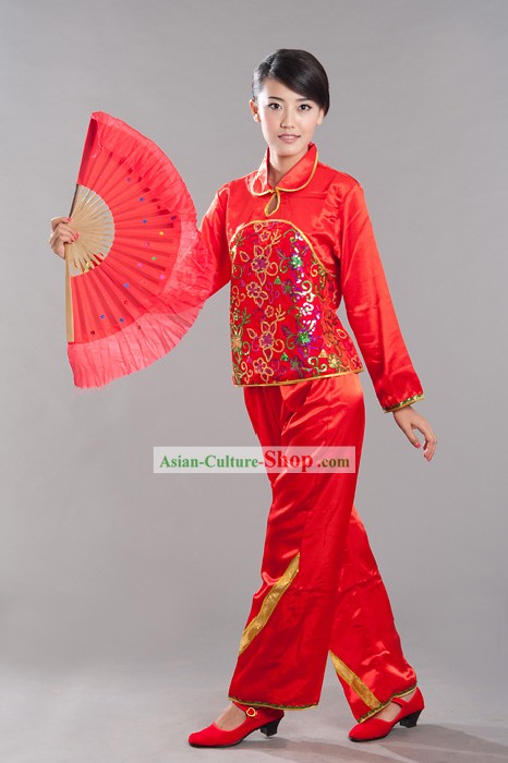Traditional Folk Red Fan Dance Costume for Women