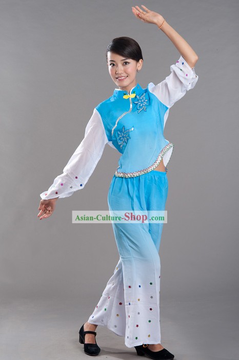 Chinese Blue Fan Dance Costumes for Women