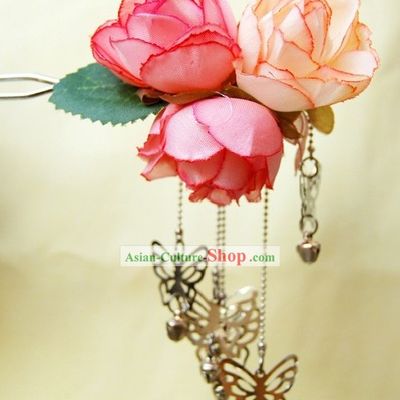 Ancient Chinese Silk Flower and Butterfly Hairpin