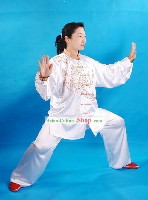 Traditional Chinese White Embroidered Kylin Tai Chi Suit