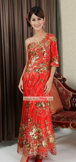 Golen Flower Red Evening Wedding Dress for Brides