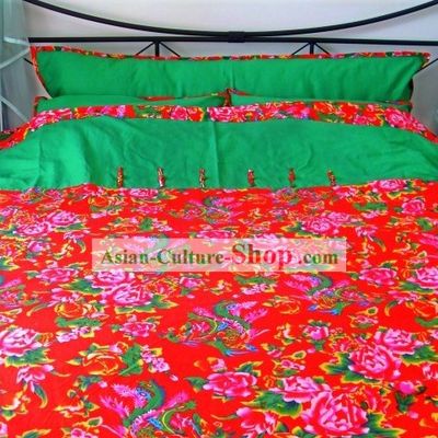 Traditional Chinese Wedding Bedcover and Pillow Complete Set
