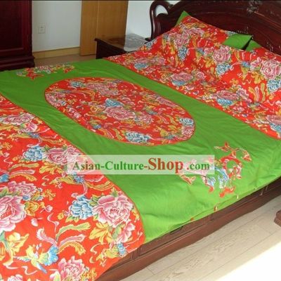 Traditional Chinese Wedding Bed Sheet and Pillows Complete Set