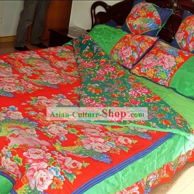 Traditional Chinese Wedding Phoenix Dragon Bed Sheet and Pillows Complete Set