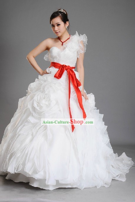 Traditional Chinese Romantic White Wedding Wear Bride Veil Complete Set for Women