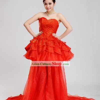 Traditional Chinese Romantic Red Wedding Evening Wear for Women