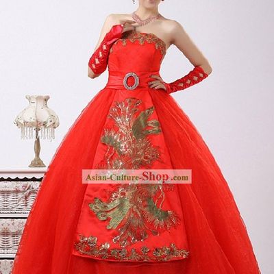 Gorgeous Chinese Lucky Red Phoenix Bride Veil Wedding Dress