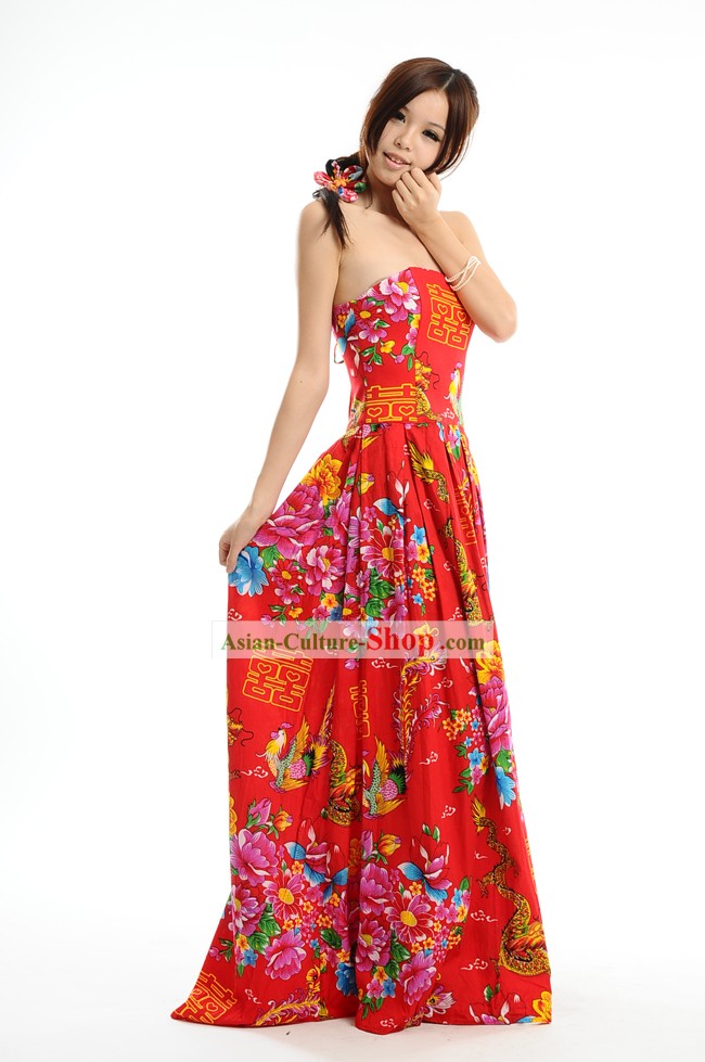 Lucky Red Chinese Phoenix Dragon Wedding Skirt for Brides