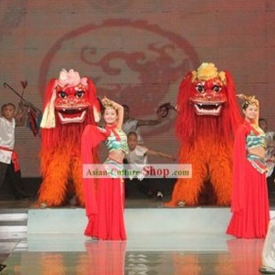 Red Face Long Yak Fur Northern Lion Dance Costume Complete Set