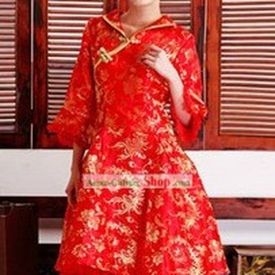 Traditional Chinese Red Long Sleeve Phoenix Wedding Skirt