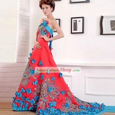 Traditional Chinese Blue Phoenix Wedding Skirt for Brides