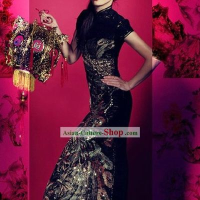 Traditional Chinese Black Phoenix Cheongsam