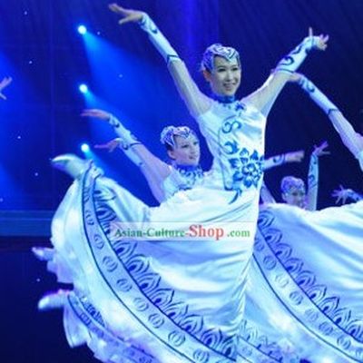 Chinese Classical White and Blue Dance Costume Set