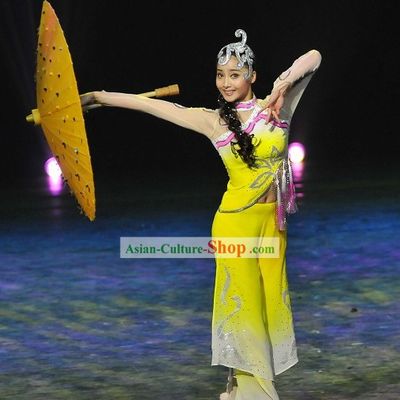 Chinese Umbrella Dance Costume and Hair Decoration Set
