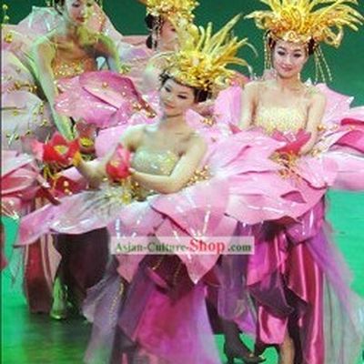 Chinese Color Transition Flower Opening Dance Costume and Hair Decoration Set