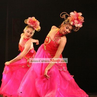 Chinese Opening Dance Costume and Flower Hair Decoration Set