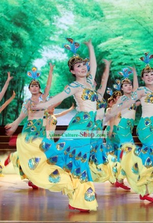 Blue Peacock Group Dancing Costume and Hair Decoration Set