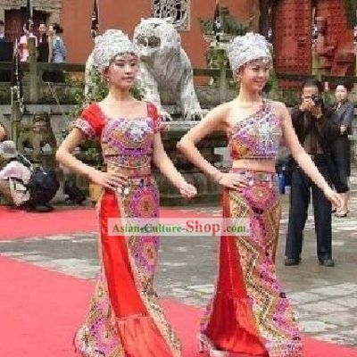 Chinese Tujia Minority Dress and Hat Set