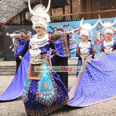 Chinese Miao Stage Performance Costume and Hat Set