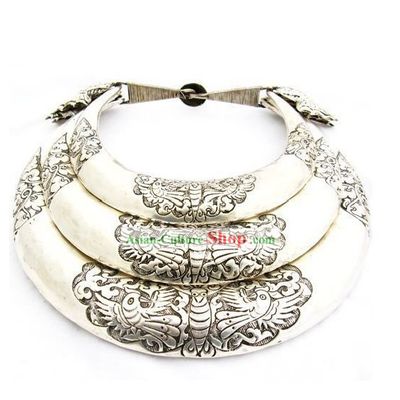 Three Layers Large Silver Miao Minority Necklaces