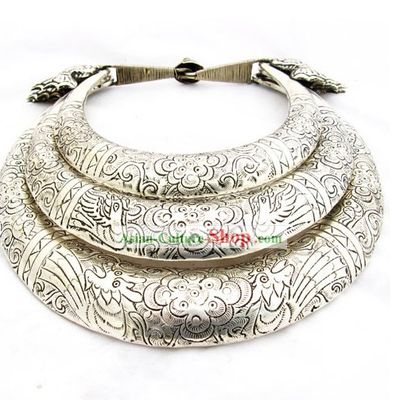 Three Layers Large Silver Flower Birds Miao Minority Necklaces