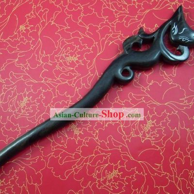 Chinese Hand Made Black Wood Cat Hairpin