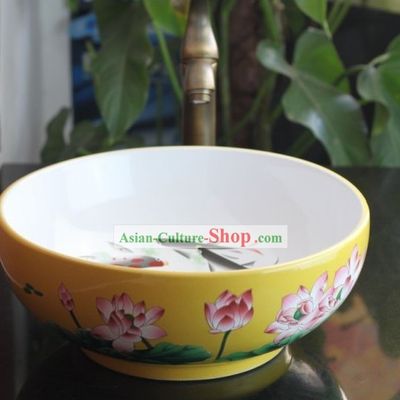 Chinese Classical Jingde Zhen Lotus Fishes Ceramic Basin