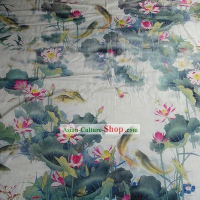 Traditional Chinese Lotus and Fish Silk Fabric
